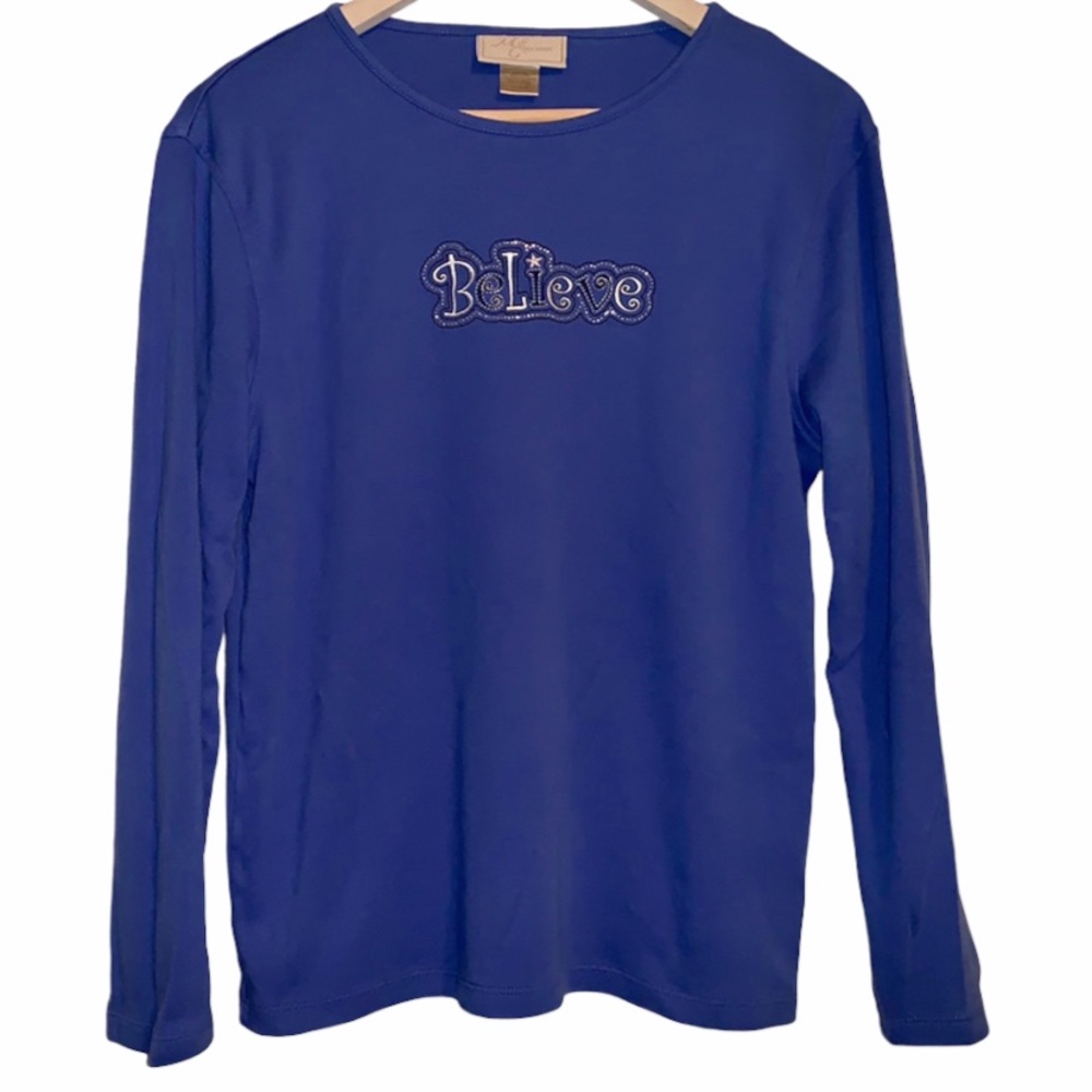 Vintage Y2K Light Blue Believe Rhinestone Long Sleeve T-Shirt